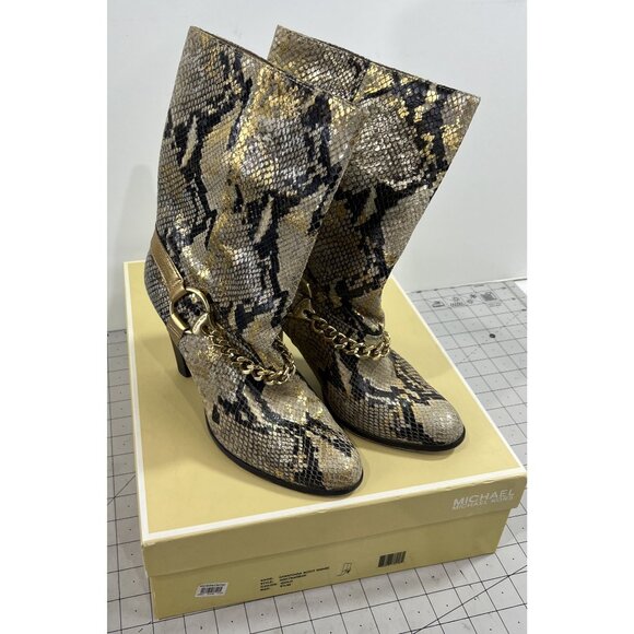 Michael Kors Gold Saratoga Boot Snake Skin Women's Sz. 8.5 Gold Chain Accent - Picture 2 of 13